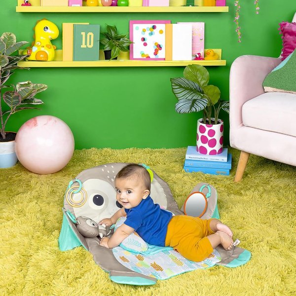 bright starts tummy time prop & play baby activity mat with support pillow & taggies – sloth 6