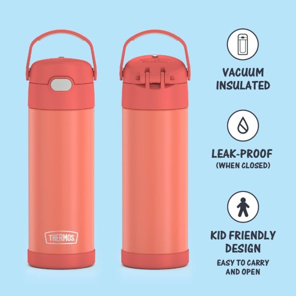 thermos funtainer 16 ounce stainless steel vacuum insulated bottle with wide spout lid, apricot1