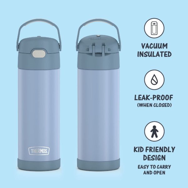 thermos funtainer 16 ounce stainless steel vacuum insulated bottle with wide spout lid, denim blue1