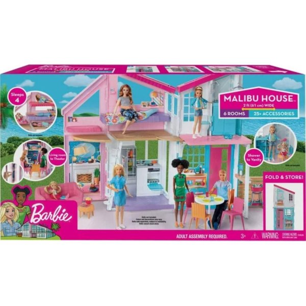 barbie malibu house dollhouse playset with 25+ furniture and accessories (6 rooms) 5