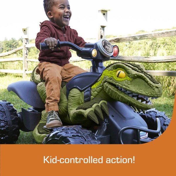 12v power wheels jurassic world dino racer battery powered ride on atv dinosaur toy, green (2)