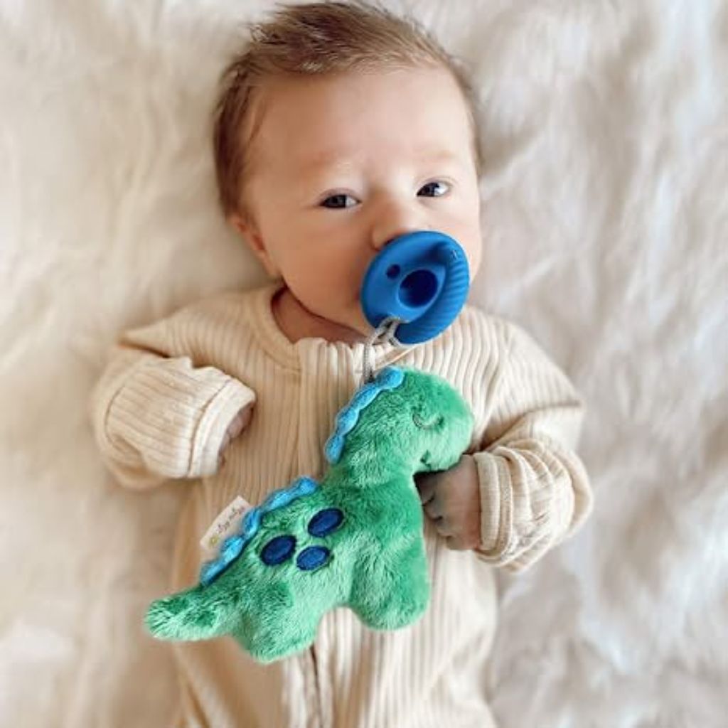 itzy ritzy pacifier and lovey set; detachable plush dinosaur and coordinating blue silicone pacifier; ideal for ages 0 months and up, dinosaur (1)