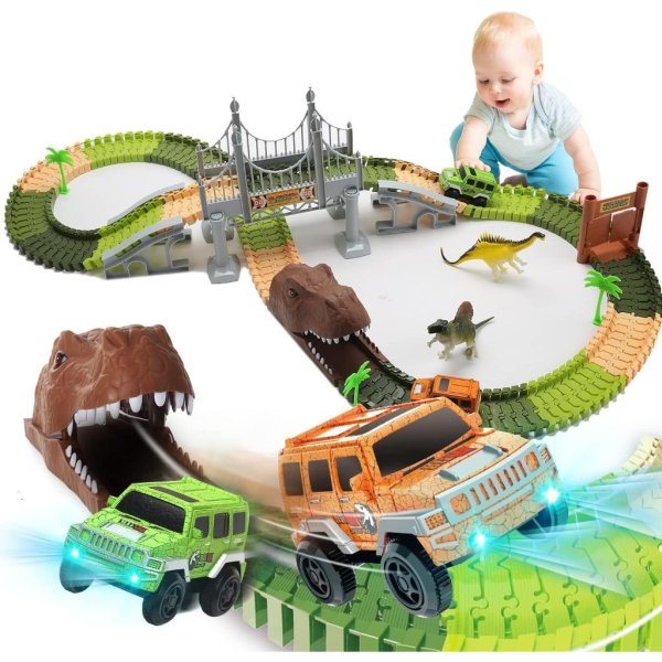 EagleStone 194 Pcs Dinosaur Race Car Tracks Set