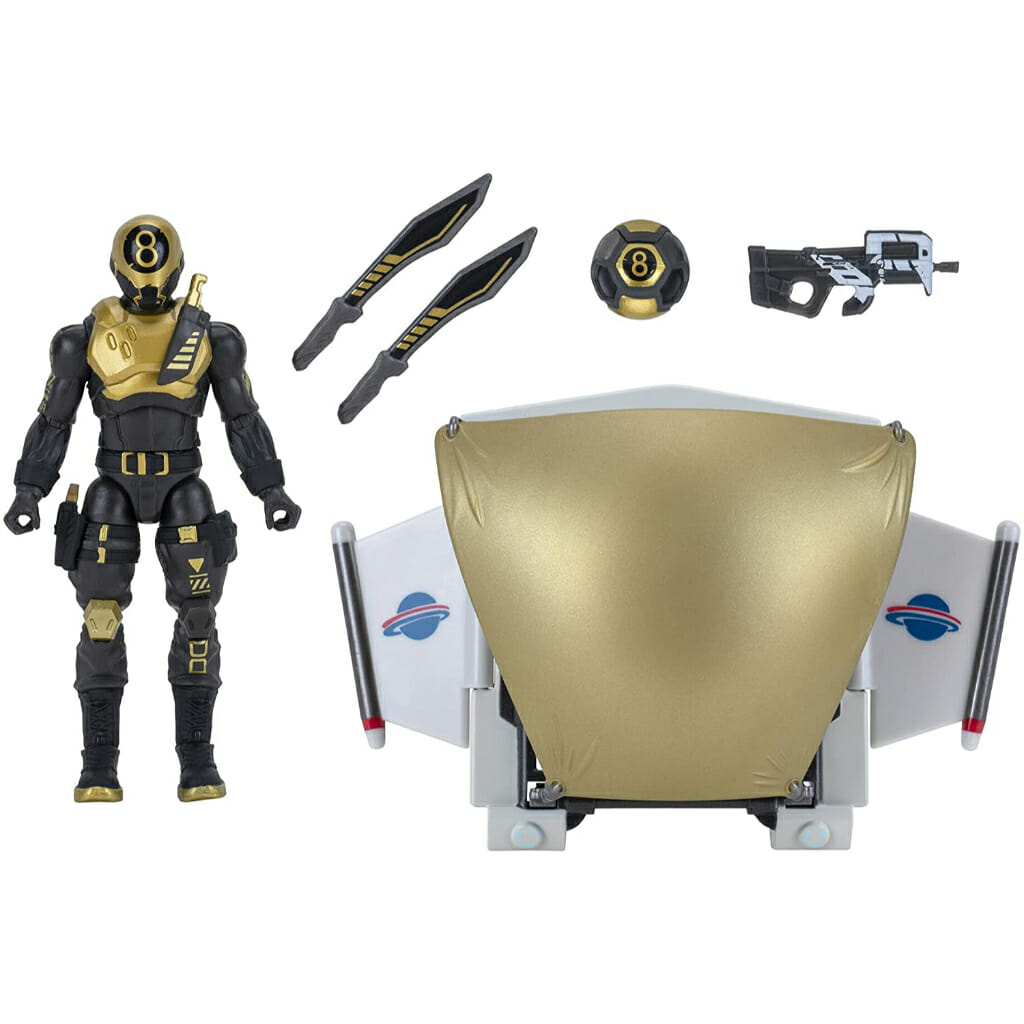 fortnite preset pack, glider with 4 inch articulated 8 ball (gold) figure1