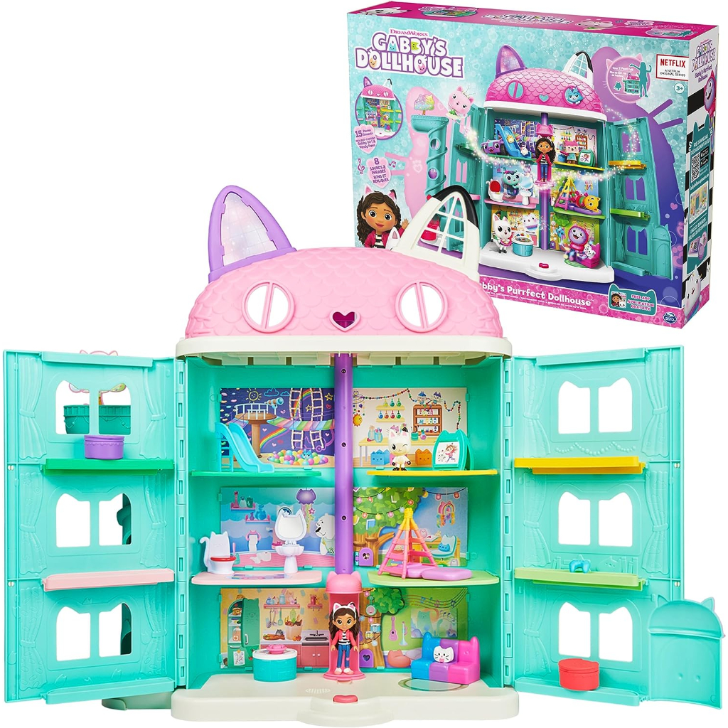 gabby's dollhouse, purrfect dollhouse with 15 pieces including toy figures, furniture, accessories and sounds, kids toys for ages 3 and up2