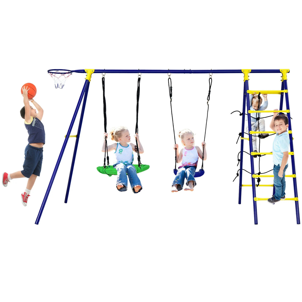 gymax 5 in 1 outdoor kids swing set w: heavy duty swing frame & ground stakes backyard