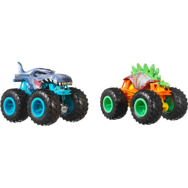 hot wheels monster trucks 1:64 scale 2 packs, 2 toy trucks with giant wheels1