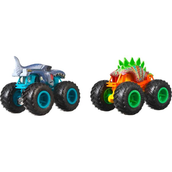 hot wheels monster trucks 1:64 scale 2 packs, 2 toy trucks with giant wheels2