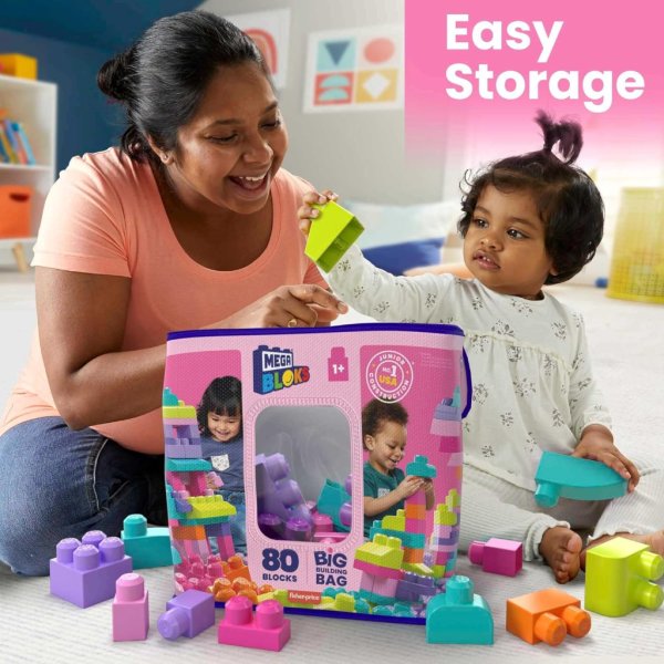 mega bloks fisher price toddler block toys, big building bag with 80 pieces and storage bag5