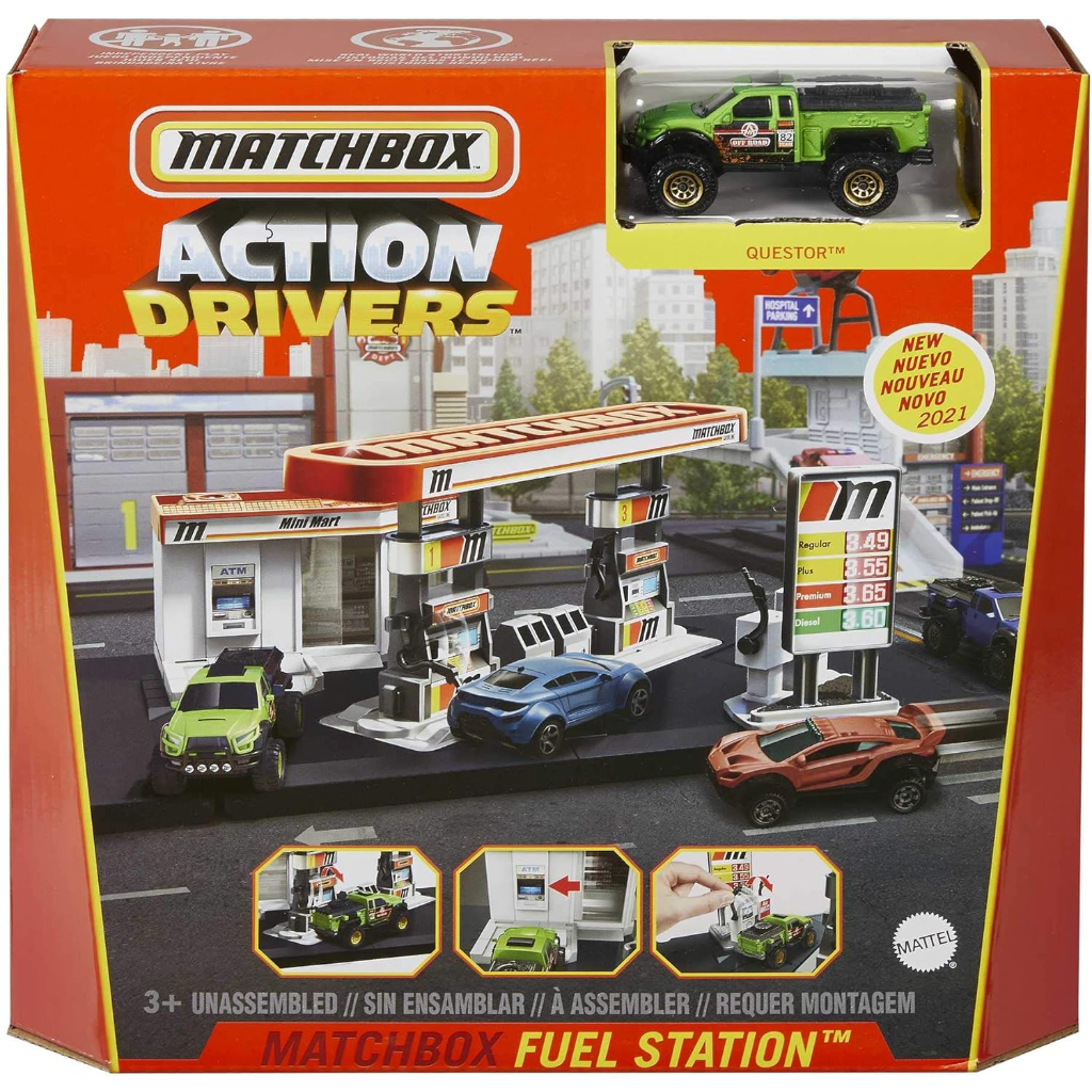 matchbox cars playset, action drivers fuel station & 1:64 scale toy truck7