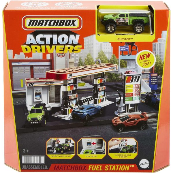 matchbox cars playset, action drivers fuel station & 1:64 scale toy truck8