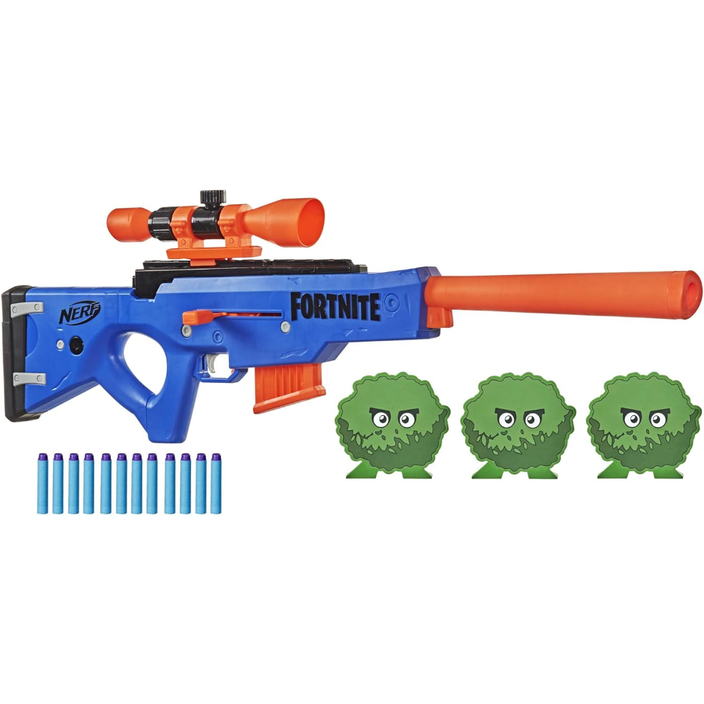 nerf fortnite basr r bolt action pistol includes 3 bush targets, removable scope, removable 6 dart clip, 6 official elite darts1