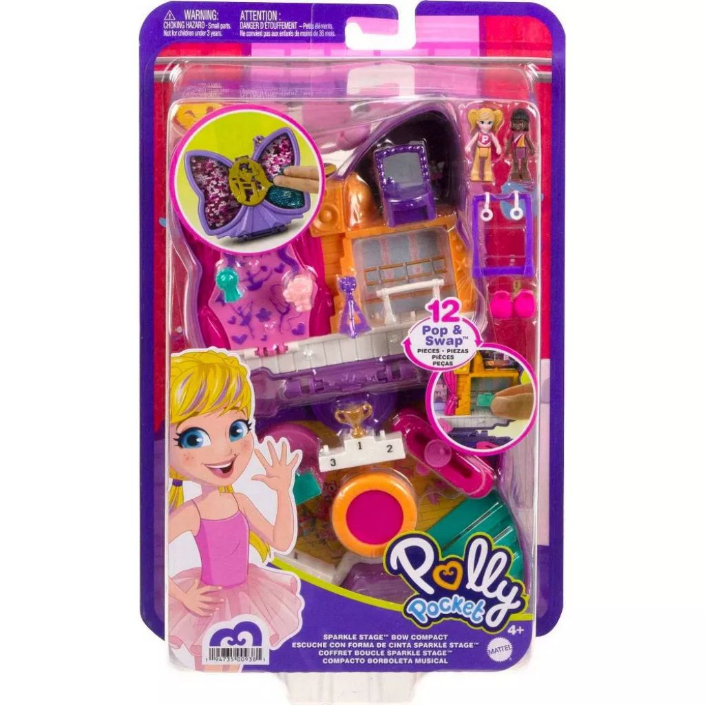 polly pocket sparkle stage bow compact, 2 micro dolls