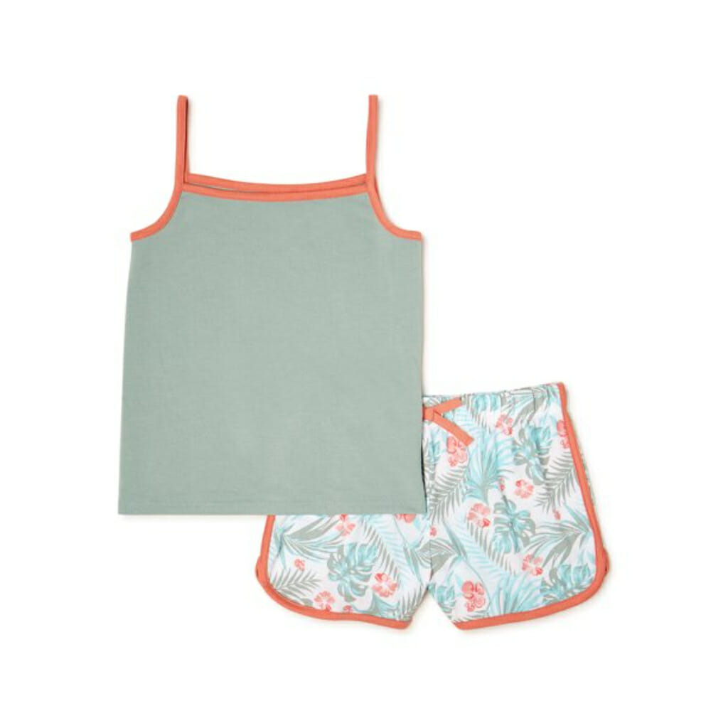 wonder nation girls sporty cami pajama sleep set, 2 piece, milieu green tropical size 7 8 (2)